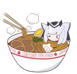  1girl arknights bangs bowl chopsticks egg english_commentary food kamaboko kurotofu meat narutomaki noodles owl_ears owl_girl ptilopsis_(arknights) ramen short_hair simple_background solid_circle_eyes solo white_background white_hair 