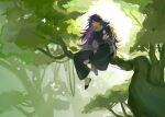  1boy backlighting black_pants branch chinese_commentary chuanbojintianyouliangchima commentary_request fengxi_(the_legend_of_luoxiaohei) forest hair_over_one_eye highres long_hair long_sleeves looking_at_viewer male_focus nature outdoors pants plant purple_hair smile solo the_legend_of_luo_xiaohei tree very_long_hair wide_shot 