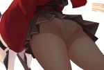  1girl arknights ass ass_focus black_skirt brown_legwear commentary commission coro1130 from_behind from_below highres jacket lower_body miniskirt no_tail panties panties_under_pantyhose pantyhose pleated_skirt red_jacket simple_background skeb_commission skirt skyfire_(arknights) solo underwear upskirt white_background white_panties 