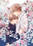  2boys bluerosecrispian brown_eyes brown_hair cover cover_page flower formal highres hug looking_at_viewer male_focus multiple_boys necktie novel_cover original profile rose short_hair suit white_suit yaoi yellow_neckwear 