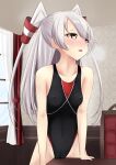  1girl absurdres amatsukaze_(kancolle) black_swimsuit breasts breath brown_eyes cameltoe collarbone competition_swimsuit covered_nipples cowboy_shot crotch_rub hair_tubes highres indoors kantai_collection long_hair nokonoko one-piece_swimsuit pussy_juice silver_hair small_breasts solo swimsuit table_sex two_side_up window windsock 