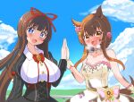  .live 2girls absurdres animal_ears blush breasts brown_hair collarbone commentary_request dress heavy_breathing highres holding_hands horse_ears horse_tail kakyouin_chieri large_breasts looking_at_viewer mayano_top_gun_(umamusume) multiple_girls open_mouth orange_hair rikuton sweat tail umamusume virtual_youtuber wedding_dress 