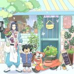  2boys benpaodexiguaage black_hair blush cactus closed_eyes coat door flower ground_vehicle leaf long_hair luoxiaohei motor_vehicle multiple_boys open_mouth plant potted_plant red_flower rose scooter short_hair the_legend_of_luo_xiaohei winter_clothes winter_coat wuxian_(the_legend_of_luoxiaohei) yellow_flower 