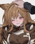  1girl ahoge animal_ears aogisa arknights blush breasts brown_coat brown_hair ceobe_(arknights) coat commentary disembodied_limb dog_ears eyebrows_visible_through_hair eyelashes grey_background hair_between_eyes headpat highres long_hair looking_down medium_breasts one_eye_closed open_mouth portrait red_eyes simple_background smile solo_focus strap symbol-only_commentary 
