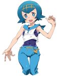  1girl bangs blue_eyes blue_hair blue_pants blue_sailor_collar blush breasts bright_pupils cameltoe covered_navel covered_nipples freckles funnyari hairband hand_up lana_(pokemon) looking_at_viewer no_sclera one-piece_swimsuit open_mouth pants pokemon pokemon_(game) pokemon_sm sailor_collar shirt short_hair sleeveless sleeveless_shirt smile solo swimsuit swimsuit_under_clothes tongue white_pupils white_shirt yellow_hairband 