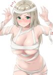  1girl ^^^ bandages blonde_hair blush breasts closed_mouth commentary glasses hands_up highres kantai_collection katori_(kancolle) large_breasts long_hair looking_at_viewer naked_bandage navel simple_background solo sweat takomeshi white_background 