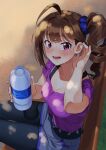  1girl ahoge bangs black_legwear black_shirt blue_scrunchie blue_shorts bottle brown_hair commentary dappled_sunlight dolphin_shorts drill_hair eyebrows_visible_through_hair hair_ornament hair_scrunchie hand_in_hair holding idolmaster idolmaster_million_live! kamille_(vcx68) legwear_under_shorts looking_at_viewer medium_hair open_mouth pantyhose purple_eyes purple_shirt scrunchie shirt short_sleeves shorts side_drill side_ponytail sitting smile solo sunlight sweat t-shirt tank_top water_bottle yokoyama_nao 