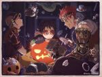  3boys alternate_costume amputee animal bird black_hair border earrings eustass_captain_kid fingernails goggles goggles_on_head hat head_rest holding jack-o&#039;-lantern jewelry light_smile lips looking_at_another male_focus metal missing_limb monkey_d._luffy multiple_boys nail_polish nazna_haruharu one_piece pants prosthesis pumpkin red_hair red_nails shirt short_hair sideburns sitting sunglasses teeth_hold trafalgar_law twitter_username 