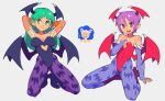  3girls :3 animal_ears animal_print arm_support arms_behind_head arms_up bare_shoulders bat_print bat_wings blue_hair breasts bridal_gauntlets cat_ears cleavage clothing_cutout covered_navel covered_nipples demon_girl elbow_gloves felicia_(vampire) flat_chest full_body gloves green_eyes hand_on_own_chest head_wings high_heels kneeling leotard lilith_aensland long_hair looking_at_viewer morrigan_aensland multiple_girls pantyhose pointing pointing_at_self print_legwear purple_hair red_eyes red_leotard short_hair slammo smile vampire_(game) wings 