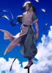  1boy bandaged_arm bandages black_footwear black_hair blue_sky cloud cloudy_sky full_body highres long_hair low-tied_long_hair male_focus outdoors shoes short_sleeves sidelocks sky solo standing tenobe the_legend_of_luo_xiaohei very_long_hair wuxian_(the_legend_of_luoxiaohei) 