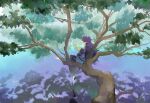  1boy branch commentary_request facing_away fengxi_(the_legend_of_luoxiaohei) from_behind highres leaf long_hair long_sleeves male_focus pointy_ears profile purple_hair ripples shadow shoes sitting solo the_legend_of_luo_xiaohei tree wantsy wide_shot 