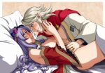 1boy 1girl adricarra alternate_costume artist_name bangs bed_sheet blush border breasts camilla_(fire_emblem) cape corrin_(fire_emblem) corrin_(fire_emblem)_(male) eyelashes fire_emblem fire_emblem_fates fire_emblem_heroes flower hair_flower hair_ornament hand_up huge_nipples jewelry large_breasts leaning_on_person long_hair looking_at_another lying nail_polish new_year official_alternate_costume on_back open_clothes open_shirt parted_lips partially_undressed pillow pointy_ears puffy_nipples purple_eyes purple_hair purple_nails red_cape red_robe ring shadow shiny shiny_hair sidelocks silver_hair smile thighs tiara watermark wavy_hair white_border white_robe 