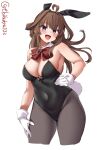  1girl ahoge alternate_costume animal_ears black_leotard blush bow bowtie breasts brown_hair cowboy_shot double_bun ebifurya fake_animal_ears fake_tail gloves hairband hand_on_hip highres kantai_collection kongou_(kancolle) large_breasts leotard long_hair looking_at_viewer open_mouth pantyhose playboy_bunny purple_eyes rabbit_ears rabbit_tail simple_background smile solo strapless strapless_leotard tail twitter_username white_background white_gloves 
