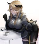  1girl absurdres arknights bangs black_gloves blush breast_rest breasts brown_hair cigarette_pack closed_mouth coffee commentary cup demon_girl demon_horns drmaho1 elbow_gloves eyebrows_visible_through_hair gloves highres horns large_breasts long_hair meteorite_(arknights) pencil_skirt playing_with_own_hair pointy_ears skirt solo sweater teacup thighhighs very_long_hair yellow_eyes 