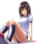  1girl arm_support bangs blue_buruma blue_legwear blurry blush breasts brown_eyes brown_hair buruma depth_of_field eyebrows_visible_through_hair gym_uniform hair_between_eyes hair_ornament hairclip highres kneehighs knees_together_feet_apart knees_up light_smile looking_at_viewer mole original ribbed_legwear shoes short_sleeves simple_background sitting solo uwabaki yukemuriganmo 