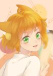  1girl animal_ears bangs eyebrows_visible_through_hair fox_ears fox_girl green_eyes holding holding_scroll looking_at_viewer open_mouth orange_hair portrait ruoshui_(the_legend_of_luoxiaohei) scroll shirt short_hair smile solo the_legend_of_luo_xiaohei white_shirt yanrumo 