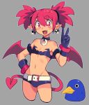  1girl belt black_gloves black_shorts blush choker demon_girl demon_tail demon_wings disgaea earrings etna eyebrows_visible_through_hair fang flat_chest gloves jewelry looking_at_viewer navel open_mouth pointy_ears prinny red_eyes red_hair short_hair short_shorts short_twintails shorts skull_earrings slammo smile solo tail twintails v white_belt wings 