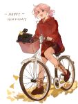  1boy 1girl bicycle black_shorts brown_footwear chinese_commentary commentary_request drawstring full_body ginkgo_leaf ground_vehicle happy_birthday highres hood hood_down hoodie latutou1 luoxiaobai luoxiaohei open_mouth pink_hair red_hoodie shoes short_hair shorts smile socks the_legend_of_luo_xiaohei white_background 