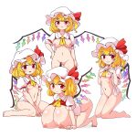  4girls blonde_hair breasts crystal fang flandre_scarlet four_of_a_kind_(touhou) highres huge_breasts itatatata large_breasts medium_breasts medium_hair multiple_girls nipples one_side_up oppai_loli red_eyes red_vest shirt simple_background small_breasts touhou vest white_background white_shirt wings 
