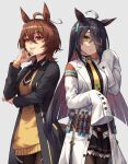  2girls agnes_tachyon_(umamusume) agnes_tachyon_(umamusume)_(cosplay) ahoge animal_ears bangs black_coat black_hair black_legwear black_shirt black_skirt brown_hair coat collared_shirt commentary_request cosplay costume_switch cowboy_shot earrings eyes_visible_through_hair grey_background hand_on_own_chin hand_up highres horse_ears horse_girl horse_tail jewelry labcoat long_hair looking_at_viewer manhattan_cafe_(umamusume) manhattan_cafe_(umamusume)_(cosplay) medium_hair multiple_girls necktie open_mouth pantyhose pleated_skirt red_eyes shirt simple_background single_earring skirt sleeves_past_fingers sleeves_past_wrists suneru sweater tail test_tube umamusume yellow_eyes yellow_neckwear yellow_sweater zipper 