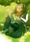  2boys absurdres black_cat black_pants brown_eyes brown_hair cat full_body grass green_theme highres long_hair luozhu_(the_legend_of_luoxiaohei) multiple_boys pants plant pointy_ears short_sleeves sitting smile the_legend_of_luo_xiaohei xiaoshi254 