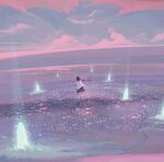  1girl black_hair cloud fantasy glowing highres morncolour ocean original outdoors pink_cloud scarf scenery sky sunset 