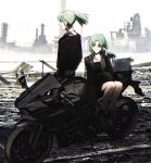  1boy 1girl black_dress black_jacket dress fraternal_twins green_hair ground_vehicle hand_in_hair hand_up high_ponytail jacket jewelry long_hair lua_(yu-gi-oh!) luca_(yu-gi-oh!) motor_vehicle motorcycle naoki_(2rzmcaizerails6) necklace older open_clothes open_jacket ponytail rubble ruins shoes siblings sitting standing twins yellow_eyes yu-gi-oh! yu-gi-oh!_5d&#039;s 