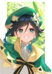  1boy androgynous aqua_hair bangs beret black_bow black_hair blurry blurry_background bow braid capelet collared_capelet commentary eyebrows_visible_through_hair floating_hair flower genshin_impact glowing gradient_hair green_capelet green_eyes green_headwear grin hair_between_eyes hair_flower hair_ornament hat highres looking_away male_focus mio-muo1206 multicolored_hair shirt smile solo striped striped_bow twin_braids upper_body venti_(genshin_impact) white_flower white_shirt 