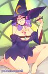  1girl bare_legs bare_shoulders barefoot between_breasts breasts candy cleavage commentary covered_navel dress english_commentary eyebrows_visible_through_hair food glasses hat highres holding holding_wand large_breasts little_witch_academia long_sleeves looking_at_viewer off_shoulder pinky_out purple_dress purple_hair red_eyes rtil sitting smile solo ursula_charistes wand wide_sleeves witch_hat 