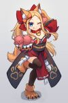  1girl ;p abigail_williams_(fate) animal_ear_fluff animal_hands bangs bare_shoulders bell black_legwear blonde_hair blue_eyes blush bow breasts collar cosplay detached_sleeves fate/extra fate/grand_order fate_(series) forehead fox_tail full_body gloves hair_bow highres japanese_clothes jingle_bell kimono long_hair looking_at_viewer miya_(miyaruta) neck_bell obi one_eye_closed parted_bangs paw_gloves paw_shoes plate ponytail red_bow red_kimono sash shoes sidelocks small_breasts smile stuffed_animal stuffed_toy tail tamamo_(fate) tamamo_cat_(fate) tamamo_cat_(fate)_(cosplay) teddy_bear thighhighs thighs tongue tongue_out wide_sleeves 