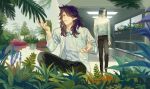  2boys black_hair black_pants coat collared_shirt fengxi_(the_legend_of_luoxiaohei) hair_over_one_eye highres leaf long_hair long_sleeves multiple_boys pants plant pointy_ears reflection shirt shirt_tucked_in the_legend_of_luo_xiaohei white_coat white_shirt wuxian_(the_legend_of_luoxiaohei) youayou180 
