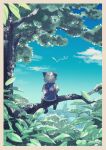  1boy animal_ears blue_sky border branch brown_border cat_boy cat_ears cloud cloudy_sky commentary_request day facing_away from_behind highres karukan_(yude_soramame) leaf luoxiaohei male_focus outdoors plant short_hair short_sleeves sky solo the_legend_of_luo_xiaohei tree white_hair 