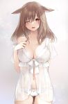  1girl absurdres animal_ears avatar_(ffxiv) breasts brown_hair cleavage dress final_fantasy final_fantasy_xiv hand_on_own_chest highres itsukik_i large_breasts lingerie looking_at_viewer miqo&#039;te navel negligee one_eye_closed open_mouth panties red_eyes see-through simple_background smile solo underwear white_dress white_panties 