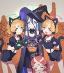  4girls :&lt; alternate_costume animal_ears animal_hands arisu_(blue_archive) bandaged_head bandages bangs basket black_gloves black_hair blonde_hair blue_archive blue_eyes blue_hair blush candy cat_ears cat_tail choker closed_mouth fake_animal_ears food gloves green_eyes hair_between_eyes hair_ornament halloween halloween_costume halo hat highres holding long_hair machico midori_(blue_archive) momoi_(blue_archive) multicolored_hair multiple_girls open_mouth paw_gloves pink_eyes red_choker red_hair short_hair shorts silk simple_background spider_web suspender_shorts suspenders tail tears two-tone_hair very_long_hair witch_hat yuzu_(blue_archive) 