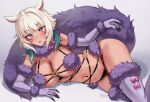  1girl animal_ears blue_eyes breasts cat_ears cat_girl cleavage cosplay dark-skinned_female dark_skin elbow_gloves facial_mark fate/grand_order fate_(series) final_fantasy final_fantasy_xiv foxyreine fur-trimmed_gloves fur_collar fur_trim gloves halloween halloween_costume highres impossible_clothes large_breasts mash_kyrielight mash_kyrielight_(dangerous_beast) mash_kyrielight_(dangerous_beast)_(cosplay) miqo&#039;te multicolored_hair o-ring purple_gloves purple_legwear purple_tail revealing_clothes short_hair slit_pupils solo thighhighs white_hair y&#039;shtola_rhul 