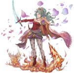  1girl armor blue_eyes cape cloak final_fantasy final_fantasy_vi fire green_hair holding holding_sword holding_weapon iwauchi_tomoki jewelry leggings long_hair pauldrons ponytail red_footwear shoulder_armor single_bare_shoulder single_pauldron sword tina_branford weapon 