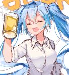  1girl absurdres alcohol beer beer_mug blue_hair closed_eyes commentary cup foam hand_up hatsune_miku highres holding holding_cup long_hair mikaduki_3636 mug open_mouth shirt sketch sleeves_rolled_up smile solo twintails very_long_hair vocaloid white_background white_shirt 