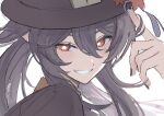  1girl black_headwear black_nails brown_hair face genshin_impact gnsn_tori grin half-closed_eyes hat hat_tip highres hu_tao_(genshin_impact) long_hair looking_at_viewer nail_polish red_eyes simple_background smile solo teeth top_hat twintails white_background 