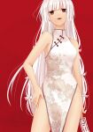  1girl absurdres bare_shoulders breasts chi_(marooner2) china_dress chinese_clothes commentary_request dress fujiwara_no_mokou hair_ribbon highres long_dress long_hair looking_at_viewer medium_breasts ofuda red_background red_eyes ribbon side_slit sleeveless sleeveless_dress solo touhou tress_ribbon very_long_hair white_hair 