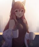  1girl absurdres act_(xadachit) animal_ear_fluff animal_ears breasts brown_eyes brown_sweater_vest coffee_cup cup disposable_cup eyebrows_visible_through_hair girls&#039;_frontline girls&#039;_frontline_neural_cloud highres holding holding_cup large_breasts long_hair looking_at_viewer open_mouth persicaria_(girls&#039;_frontline_nc) pink_hair simple_background smile solo sweater_vest upper_body white_robe 