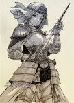  1girl armor commentary_request corset dark_souls_(series) dark_souls_iii english_commentary gauntlets highres holding holding_sword holding_weapon looking_at_viewer mixed-language_commentary monochrome shinbross shoulder_armor sirris_of_the_sunless_realms sword weapon 