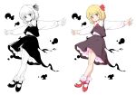  1girl :o black_skirt black_vest blonde_hair bobby_socks buttons collared_shirt dress_shirt eyebrows_visible_through_hair full_body hair_ribbon highres long_sleeves looking_at_viewer maguro_(mawaru_sushi) mary_janes multiple_views outstretched_arms petticoat red_eyes red_footwear red_neckwear red_ribbon ribbon rumia shirt shoes short_hair skirt socks t-pose touhou vest white_background white_legwear white_shirt 