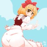  1girl ass blonde_hair blush bow brown_vest dress frilled_dress frills gengetsu_(touhou) hair_bow looking_at_viewer manjyuuya pink_dress pointing red_bow short_hair smile touhou touhou_(pc-98) vest wings 