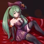  1girl arm_support black_gloves black_legwear breasts commentary dress elbow_gloves feet_out_of_frame gloves green_eyes green_hair half-closed_eyes halloween halloween_costume hat hat_ornament hatsune_miku highres jack-o&#039;-lantern jack-o&#039;-lantern_hat_ornament light_blush long_hair looking_at_viewer medium_breasts pumpkin_hat_ornament purple_dress purple_headwear sitting smile solo strapless strapless_dress thighhighs twintails very_long_hair vocaloid witch_hat yukichi_(yu-ame) zettai_ryouiki 