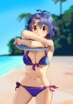  1girl antenna_hair bangs beach bikini blue_bikini blue_hair blue_sky blurry blurry_background breasts brown_eyes clear_sky cleavage clothes_lift commentary cowboy_shot day depth_of_field front-tie_bikini front-tie_top idolmaster idolmaster_million_live! kamille_(vcx68) lifted_by_self looking_at_viewer medium_breasts multi-strapped_bikini navel open_mouth outdoors shirt_lift short_hair side-tie_bikini sky solo standing swimsuit toyokawa_fuuka 