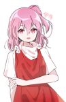  1girl bangs dress happy open_mouth pink_eyes pink_hair red_dress sara_(touhou) shirt short_hair short_sleeves side_ponytail simple_background soooooook2 touhou touhou_(pc-98) upper_body white_background white_shirt 