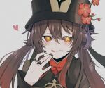  1girl :p black_nails brown_hair genshin_impact half-closed_eyes hat heart highres hu_tao_(genshin_impact) jewelry jijii_(chang_g) long_sleeves looking_at_viewer nail_polish red_eyes ring symbol-shaped_pupils tongue tongue_out top_hat twintails 