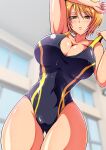  1girl aokura_shou bangs blonde_hair breasts cleavage competition_swimsuit eyebrows_behind_hair eyebrows_visible_through_hair hair_between_eyes highres hugtto!_precure indoors kagayaki_homare large_breasts looking_at_viewer one-piece_swimsuit open_mouth precure short_hair solo swimsuit wet wet_clothes wet_swimsuit yellow_eyes 