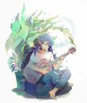  1boy barefoot black_pants cap-paper fengxi_(the_legend_of_luoxiaohei) full_body guitar hair_over_one_eye highres holding holding_instrument instrument leaf long_hair male_focus pants plant pointy_ears potted_plant purple_hair shadow shirt short_sleeves sitting solo the_legend_of_luo_xiaohei white_background white_shirt 