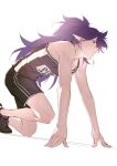  1boy absurdres black_footwear black_shorts black_tank_top eyebrows_visible_through_hair fengxi_(the_legend_of_luoxiaohei) highres long_hair male_focus parted_lips pointy_ears purple_hair shoes shorts simple_background solo tanglianziyinyuanhuiwodi tank_top the_legend_of_luo_xiaohei very_long_hair white_background 